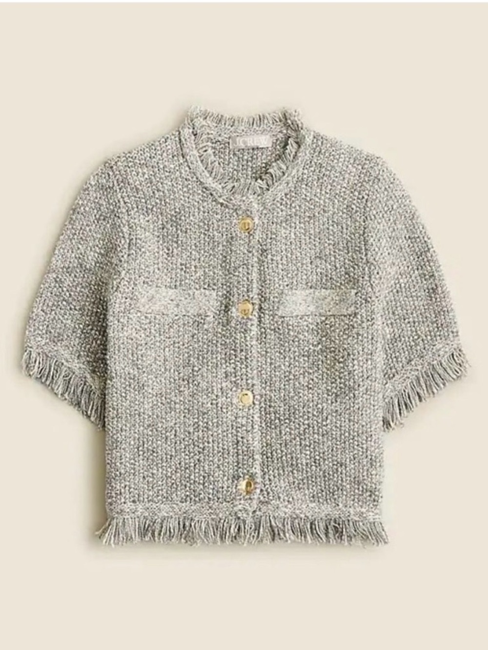 J Crew Cropped Fringe-Trim Lady Jacket in Marled Yarn, size L, NWT